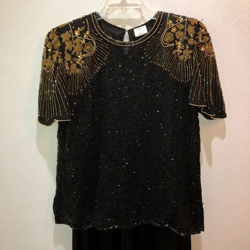 Praise Hymn Womens Small Black Gold Beaded Sequins Cocktail Party Formal Dress